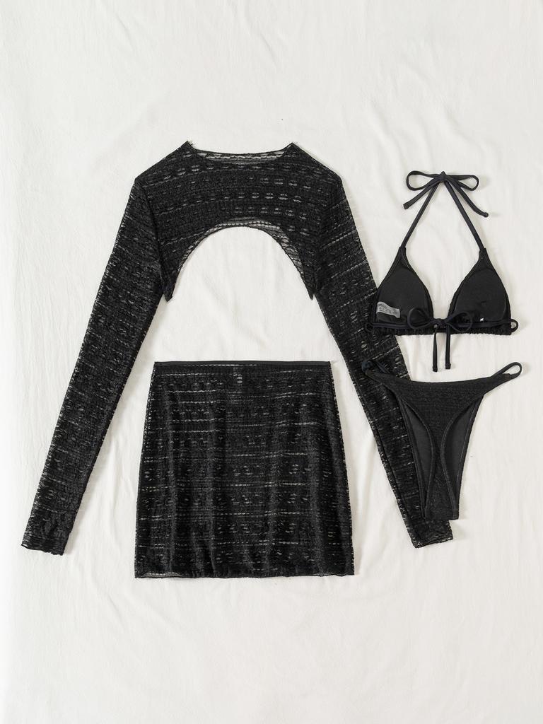 Комплект из четырех предметов: блузка с разрезом и длинным рукавом, сексуальный купальник бикини для женщин