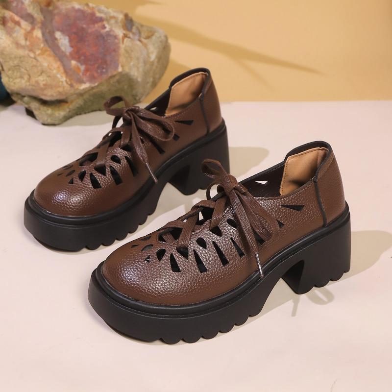 Platform Cut-Out High Heel Lace-Up Small Leather Shoes Women's Round Toe Shallow Mouth Platform Block Heel Loafers