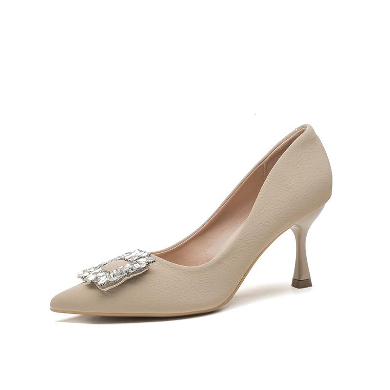 Французские туфли на высоком каблуке женские весенне-летние новые темпераментные из мягкой кожи не натирающие ноги остроносые на тонком каблуке со стразами квадратная пряжка туфли