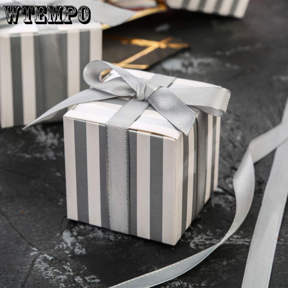 50pcs Strips Pattern Small Gift Box Wrapping Carton Box with Ribbon Gift Packing Box for Wedding Decorations Birthday Event and Party Supplies