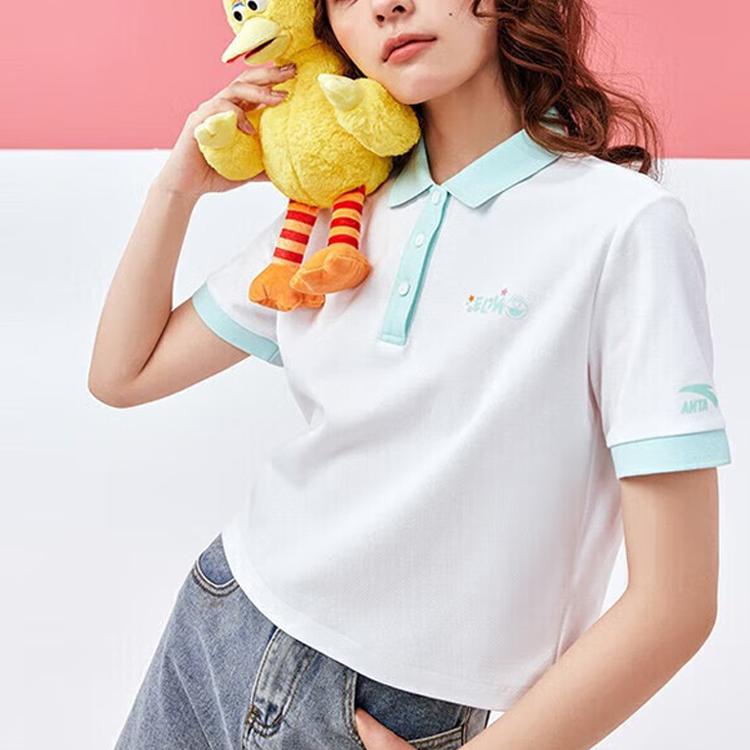 Anta X Sesame Street Color Block Logo Letter Polo Shirt Women Polo Shirts Snow-White 162328136-2