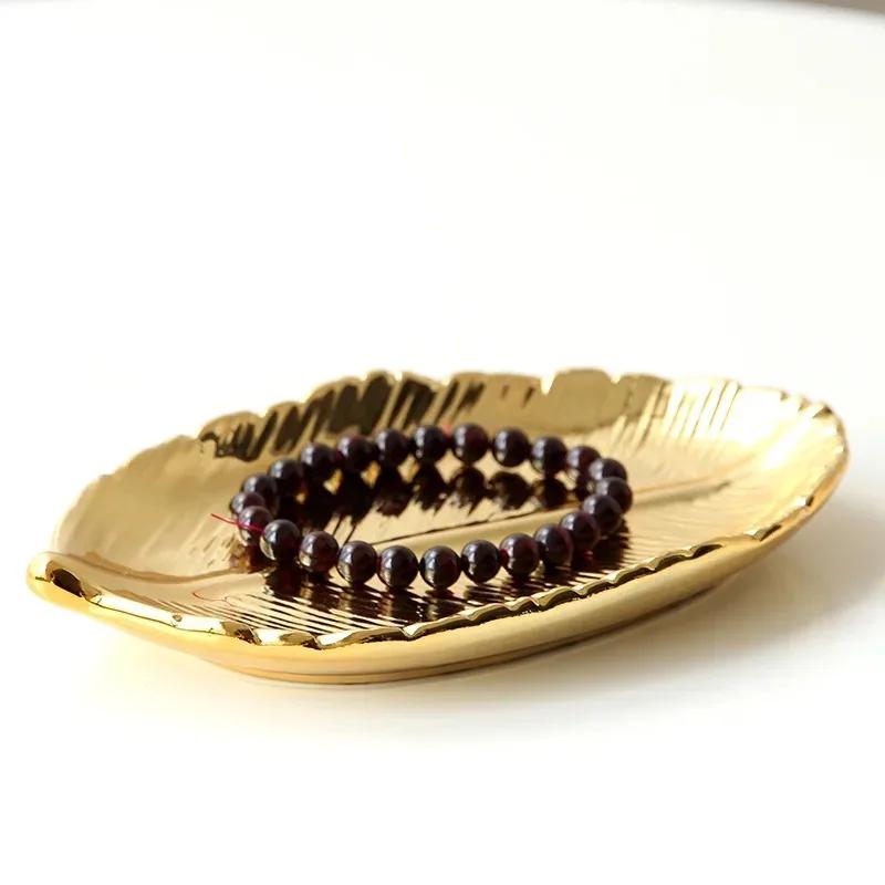 Глодень Керамическая тарелка с листьями из дерева Украшения из листьев Закуски Десерт Серебряный поднос для хранения Розовое золото Керамика Эмаль Тарелка для безделушек