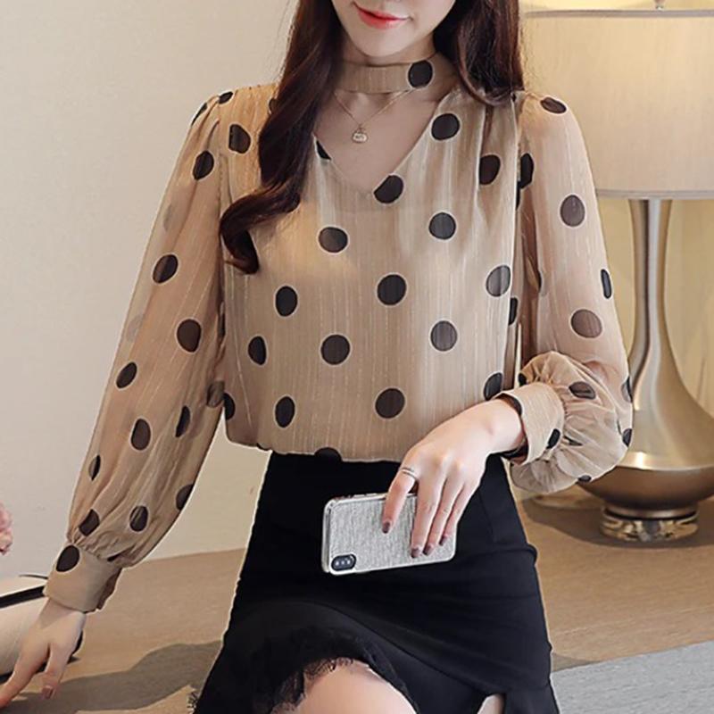 Модные свободные рубашки с длинным рукавом в горошек для женщин, облегающие элегантные свободные повседневные блузки для женщин, простые офисные топы с V-образным вырезом для женщин 1150