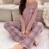 Женские клетчатые брюки с длинными рукавами, пижамы, осенне-зимняя женская домашняя одежда, мягкая свободная повседневная уличная пижама с круглым воротником, ночная рубашка