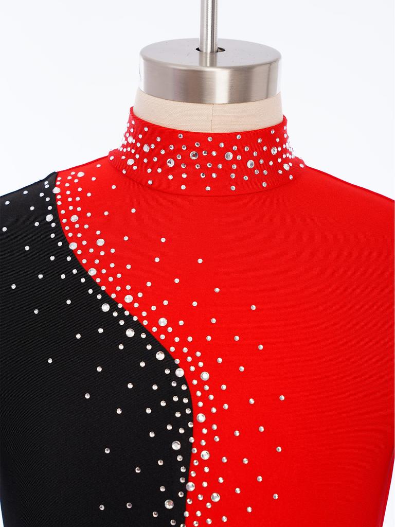 Девочки Комбинезон на все тело Блестящие стразы Блок цвета Воротник-стойка Длинный рукав Одежда для гимнастики