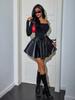 Rose Beauty A Y2K Rave High Waist Ruffle Hem PU Leather A Line Flare Pleated Bodycon Mini Skirt