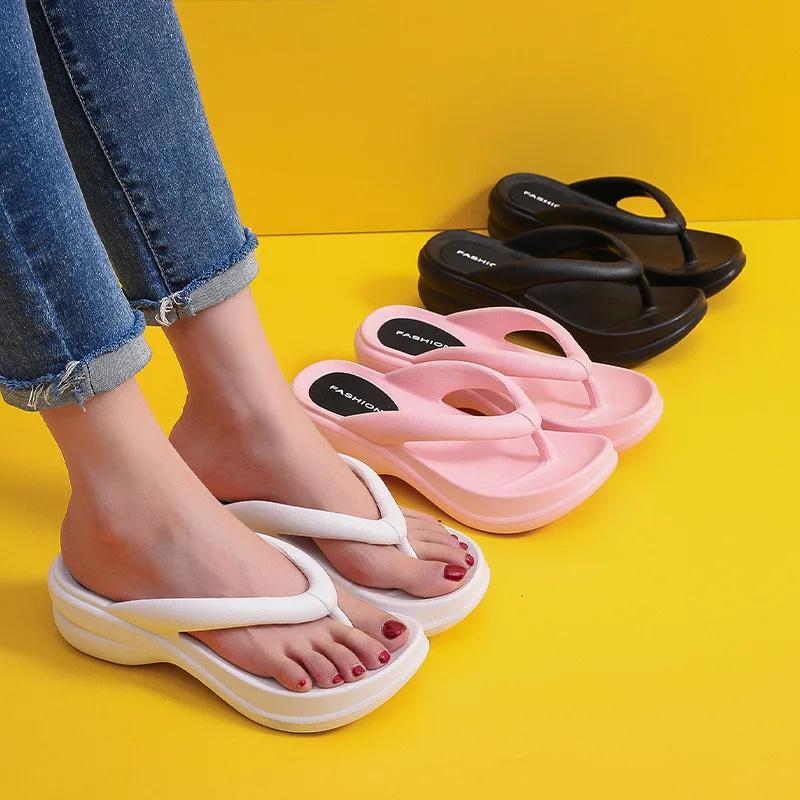 White Thick Sole Wedge Flip Flops for Women 2025 Summer Eva Clip Toe Platform Sandals Woman Fashion Non Slip Beach Slippers