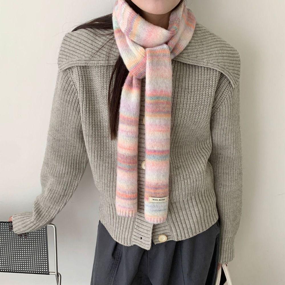 Thickened Rainbow Striped Scarf Korean Style Winter Shawl Cashmere Knitted Scarf Autumn Winter