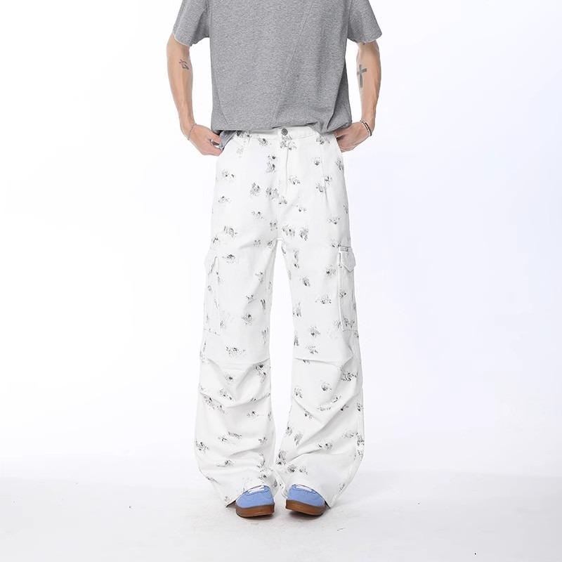 Trend Floral Pleated Wide-leg Jeans Men's and Women's Mid-waist Design Sense Large Pockets Loose and Thin Straight Floor Pants