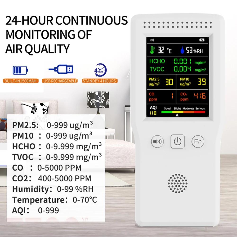 9 In 1 Temperature Humidity PM2.5 PM10 HCHO TVOC CO CO2 AQI Tester Multifunctional Air Quality Monitor LCD Color Display