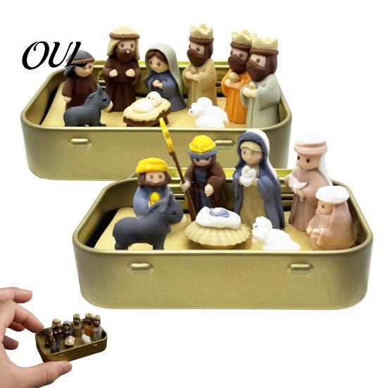 Christmas Manger Decorations Mini Nativity Set in Tin Box, 3D Printed Pocket Scene Set, Small Portable Story Holy Family Jesus Figurines, Easter