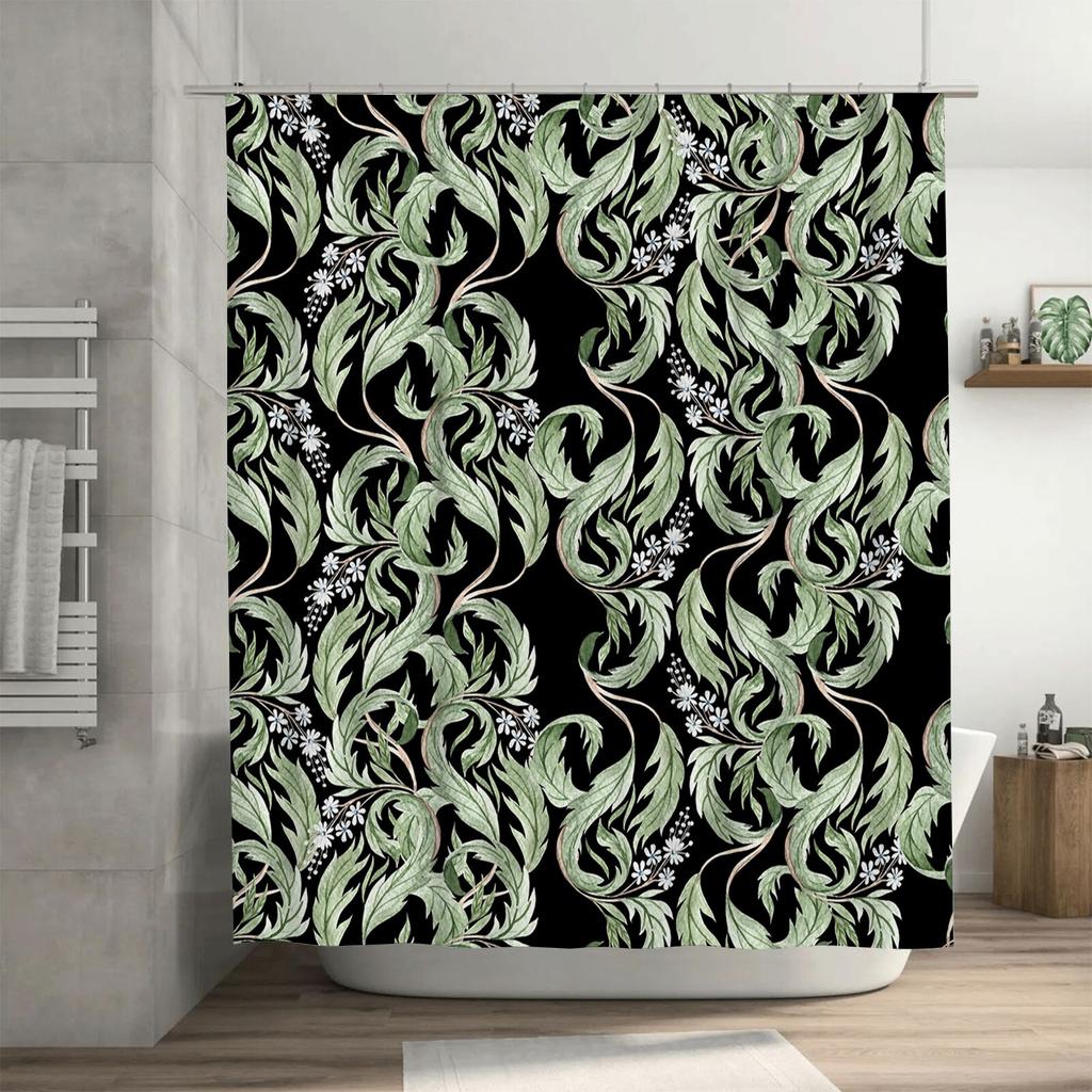 Modern Floral Green Leaf Bath Curtains for Bathroom Decor Black White Shower Curtain with Metal Hook Rings Set