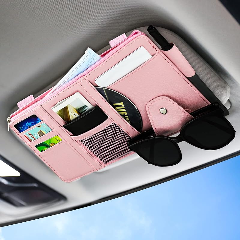Car Sun Visor Organizer, Leather Pocket Organizer Sunglass Holder For Car Interior Accessories With Multi-Pocket Net Zipper (Beige)