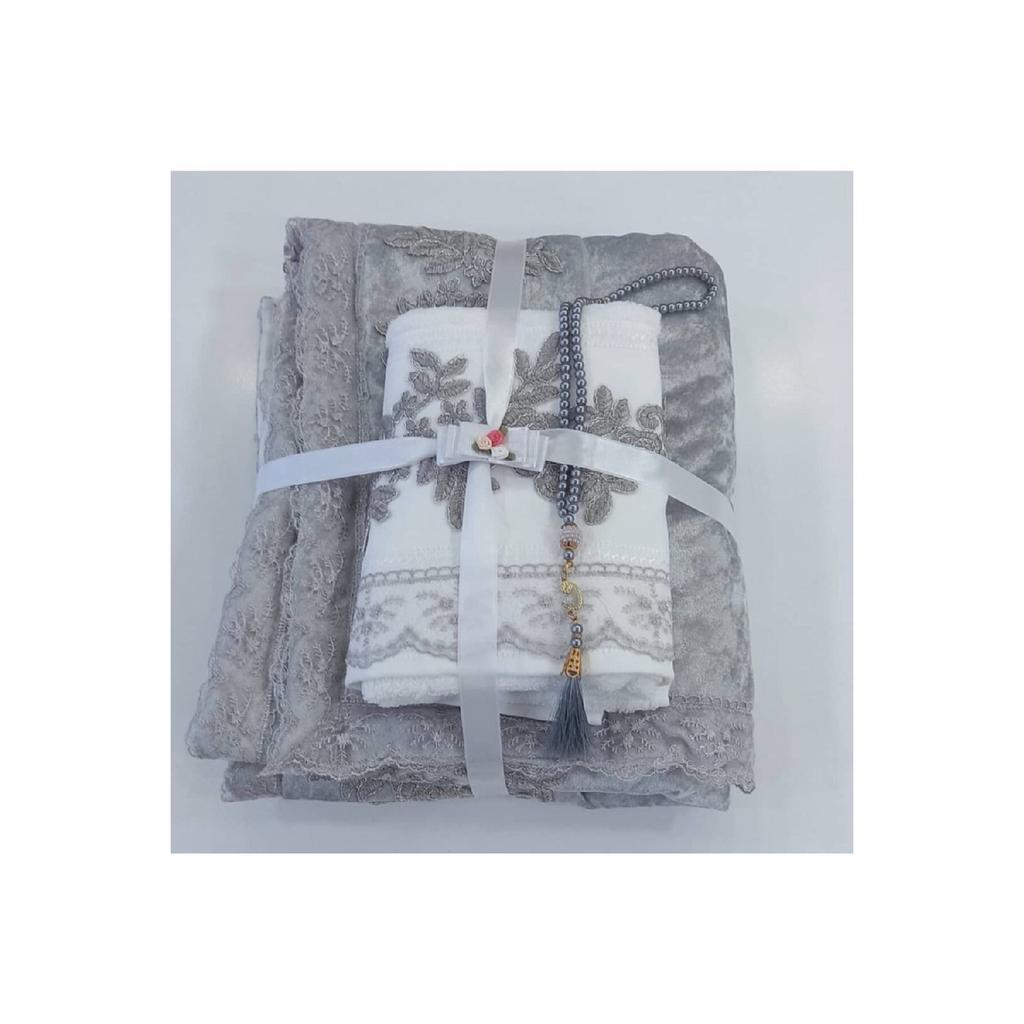 3 Piece Velvet Prayer Rug Towel Rosary Dowry Bundle Bridal Set