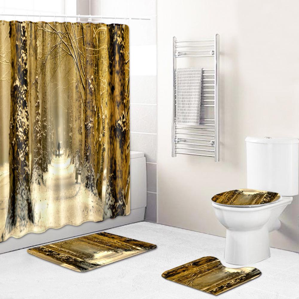 Landscape Shower Curtain Floor Mat Combination Four-Piece Set Bathroom Toilet Carpet Shower Room Mat Foot Mat