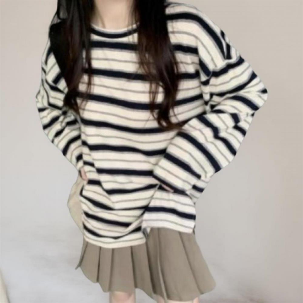 New Arrivals Open Run Women KiTsch Mood STripe Loose FiT Long Sleeve T shirT