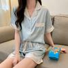Summer Fashion Ice Silk Pajamas Women'S Short-Sleeved Simple Lapel Cardigan Can Be Worn Outside Loungewear Suit