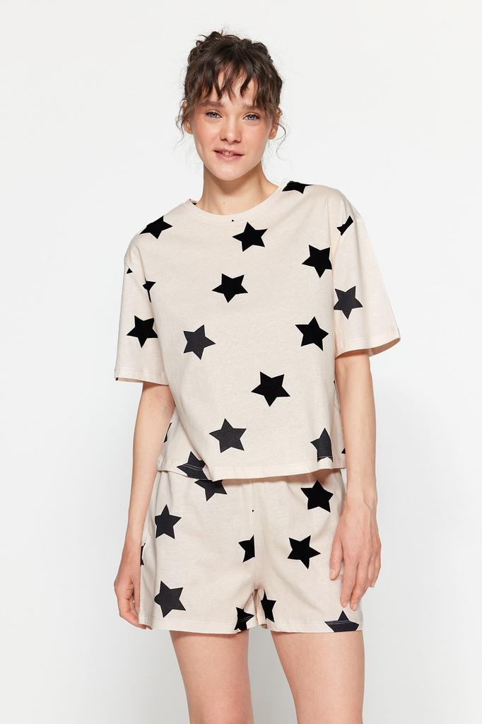 Women's Fashion New Pajama Set Light Pink 100% Cotton Star Patterned Tshirt-Shorts Knitted Pajama Set