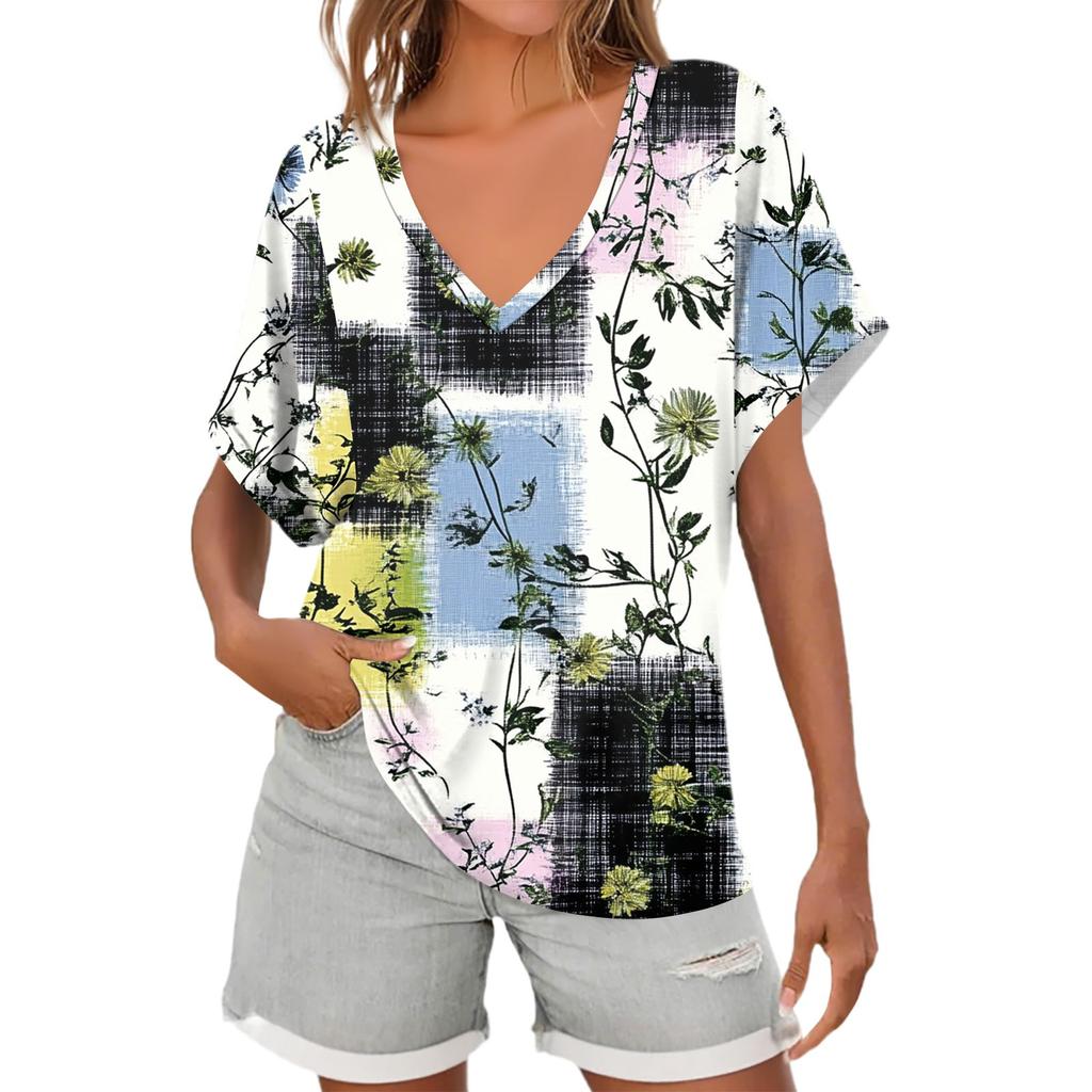 Womens Short Sleeve V-Neck Shirts Floral Print Loose Casual Basic Tees Summer Tops