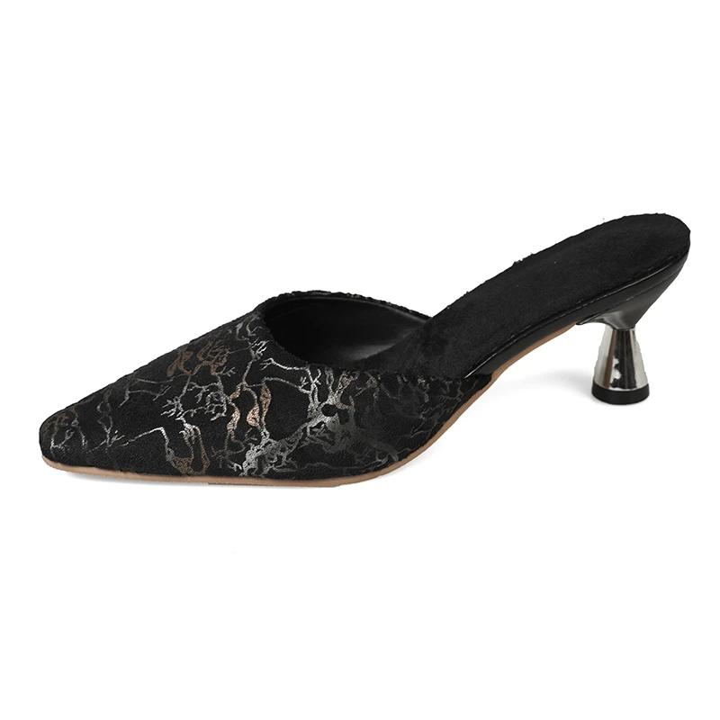 2024 Женские летние новые модные дизайнерские принты с сексуальным острым носком, туфли-мюли без застежек, повседневные, для офиса, женские туфли на высоком каблуке