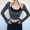 Women's Crop Tops Clothes Halter Neck Off Shoulder Long Sleeve Solid Color Corset T-Shirt