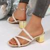 Fashion Rhinestone Sandals Women's Shoes 2025 Summer Trend Fashion Square Toe Crystal Heel Slippers Simple Shiny Vacation With Skirt