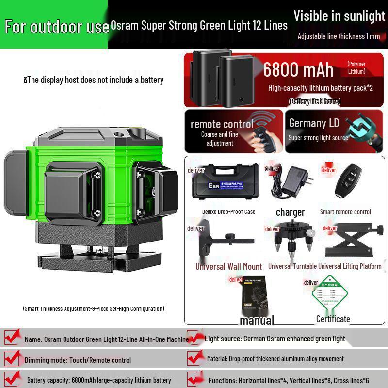 Green Light Laser 8/12/16 High-Precision Infrared Level for Walls/Floors