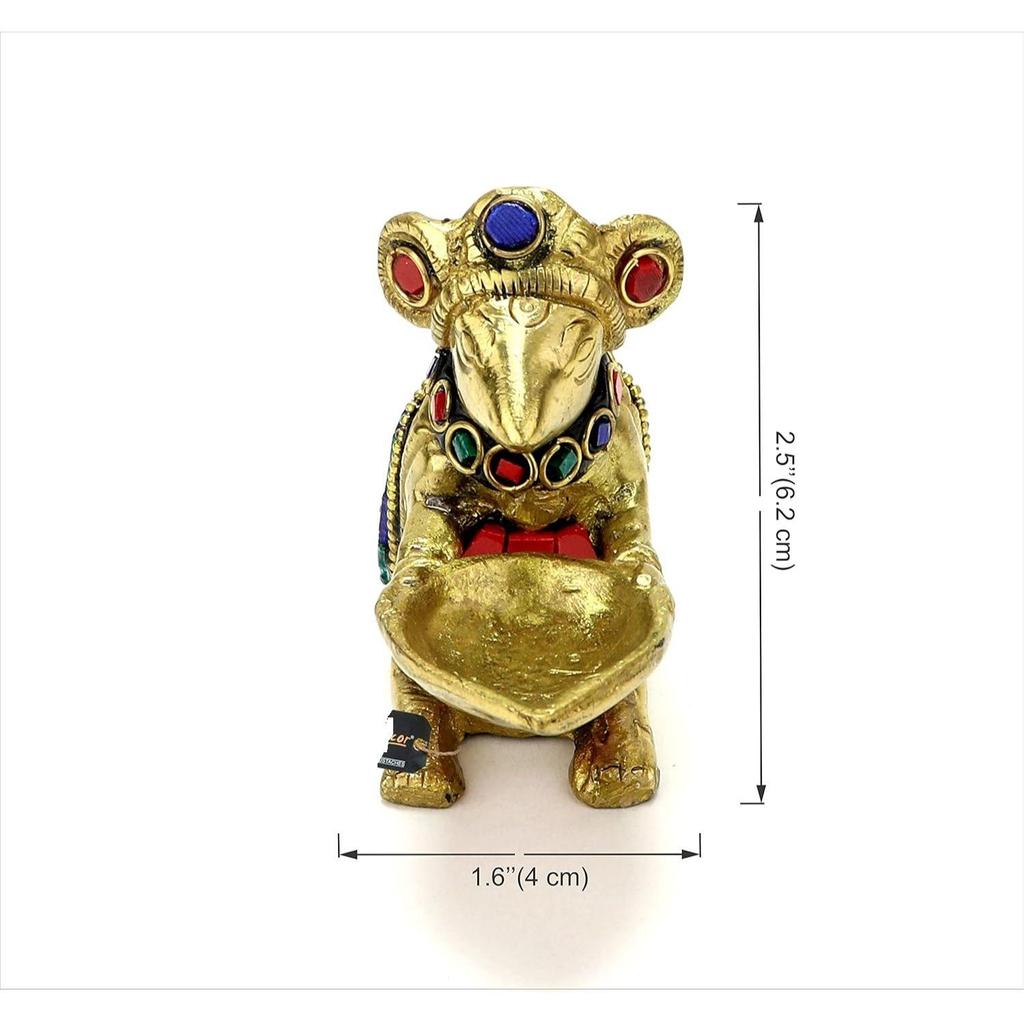 Latest Gemstone Work Brass Ganesha Mouse Holding Oil Lamp Diya, Standard, Pack of 1