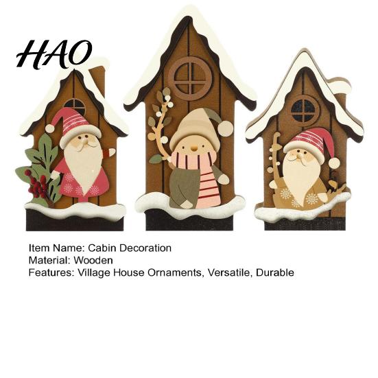 Rustic Forest Elf Ornament 3PCS Christmas Log Cabin Ornaments, Wooden Village House with Holiday Table Centerpiece Design, Winter Decor for Fireplace