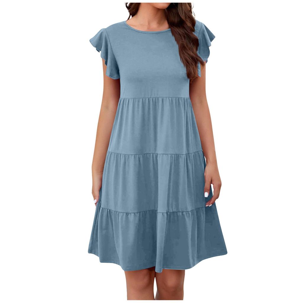 Summer Beach Dress For Women Casual Round Neck Tunic Ruffle Short Sleeve A-Line Tiered Babydoll Dress Flowy  Dress