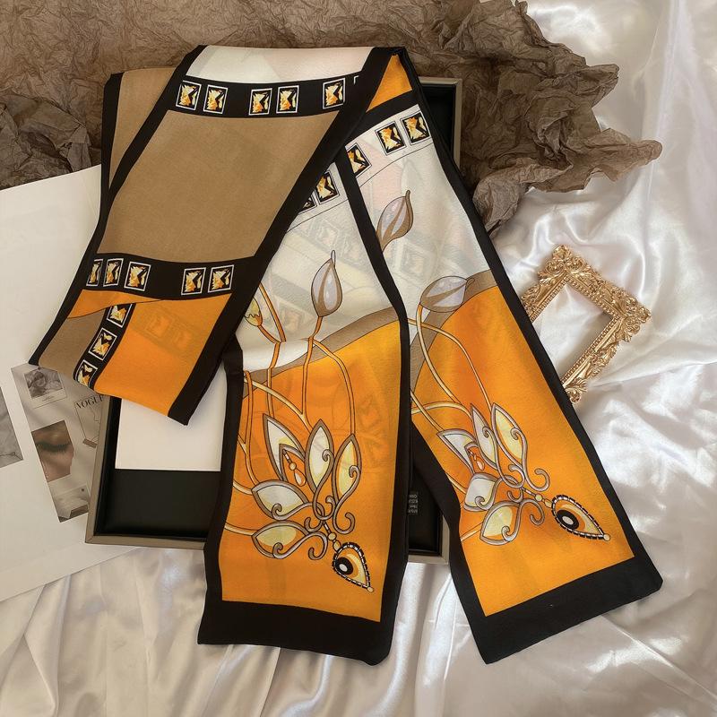 Luxury Design Women Summer Long Silk Scarf Hair Headband Foulard Skinny Bag Scarves Neckerchief Lady Shirt Decorative Streamers
