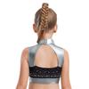 Girls Shiny Dance Top Mock Neck Sleeveless Cutout Back Rhinestones Color Block Metallic Crop Performance Outfit