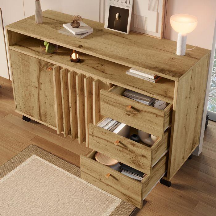 Buffet - 3 Tiroirs et 2 Portes - Meuble de Rangement - Étagère Réglable - Salon, Salle à Manger, en Chêne Foncé, 120x40x85 cm