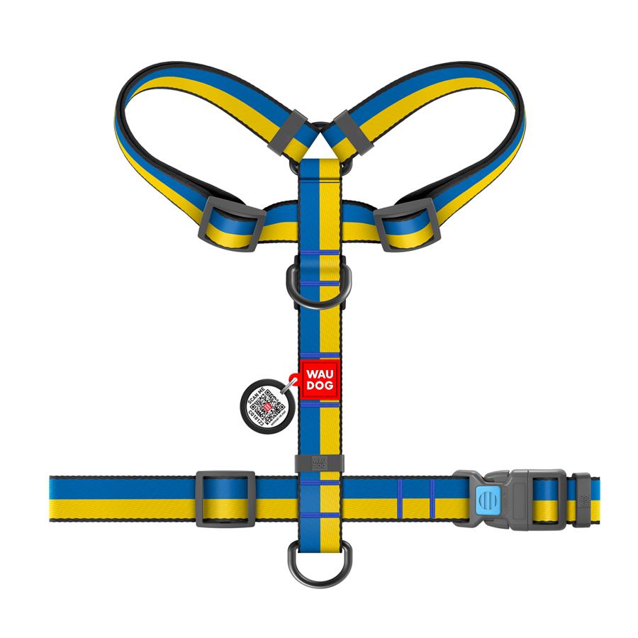 Шлея для собак анатомическая H-образная WAUDOG Nylon с QR-паспортом, рисунок "Colors of freedom", пластиковый фастекс