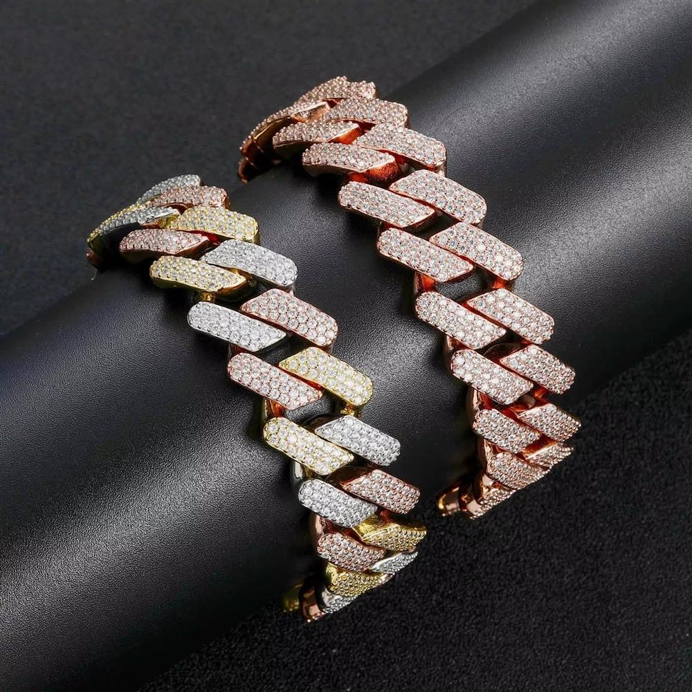 20mm Iced Out 5A CZ Brass Three Tones Prong Cuban Link Bracelet Box Clasp Hip Hop Jewelry for Men