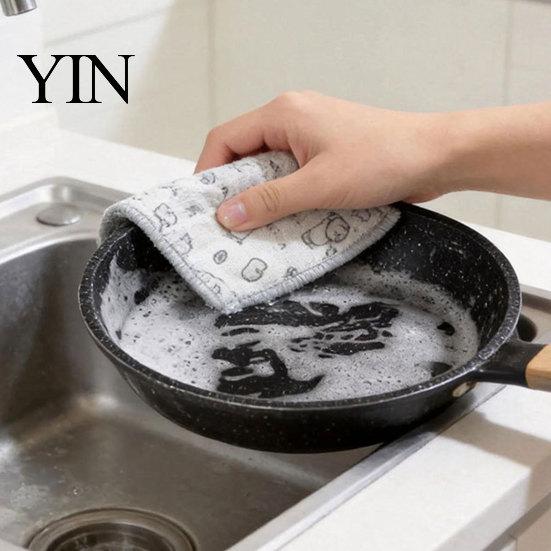 Stubborn Stain Kitchen Scrubber 5Pcs Cleaning Rags, Double-Sided Cartoon Cotton Gauze Steel Wire Non-Scratch Scrub Cloth for Oil Stains, Dish Clothes
