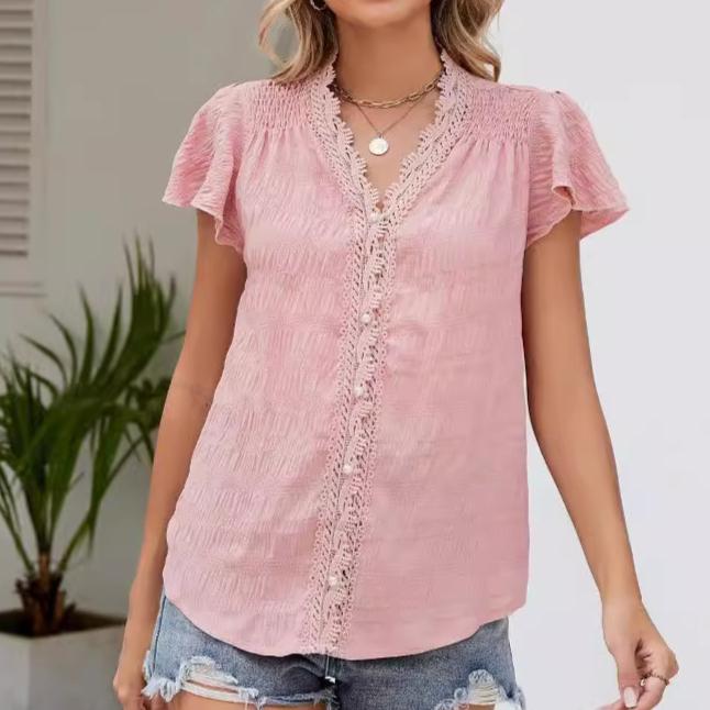 Short Sleeved Cardigan Top Women's Lace Trim V-Neck Flutter Sleeve Blouse