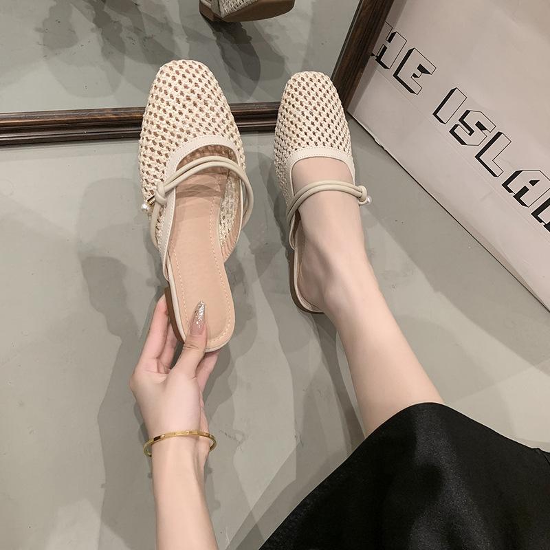 Holiday Style Retro Woven Bag Head Mop Wear 2025 Summer New One-word with Wedge Heel Bag Head Cool Slippers