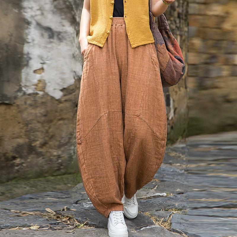 Johnature Women Vintage Bloomers Pants Elastic Waist Solid Color Spring Loose Cotton Ramie Women Patchwork Long Pants