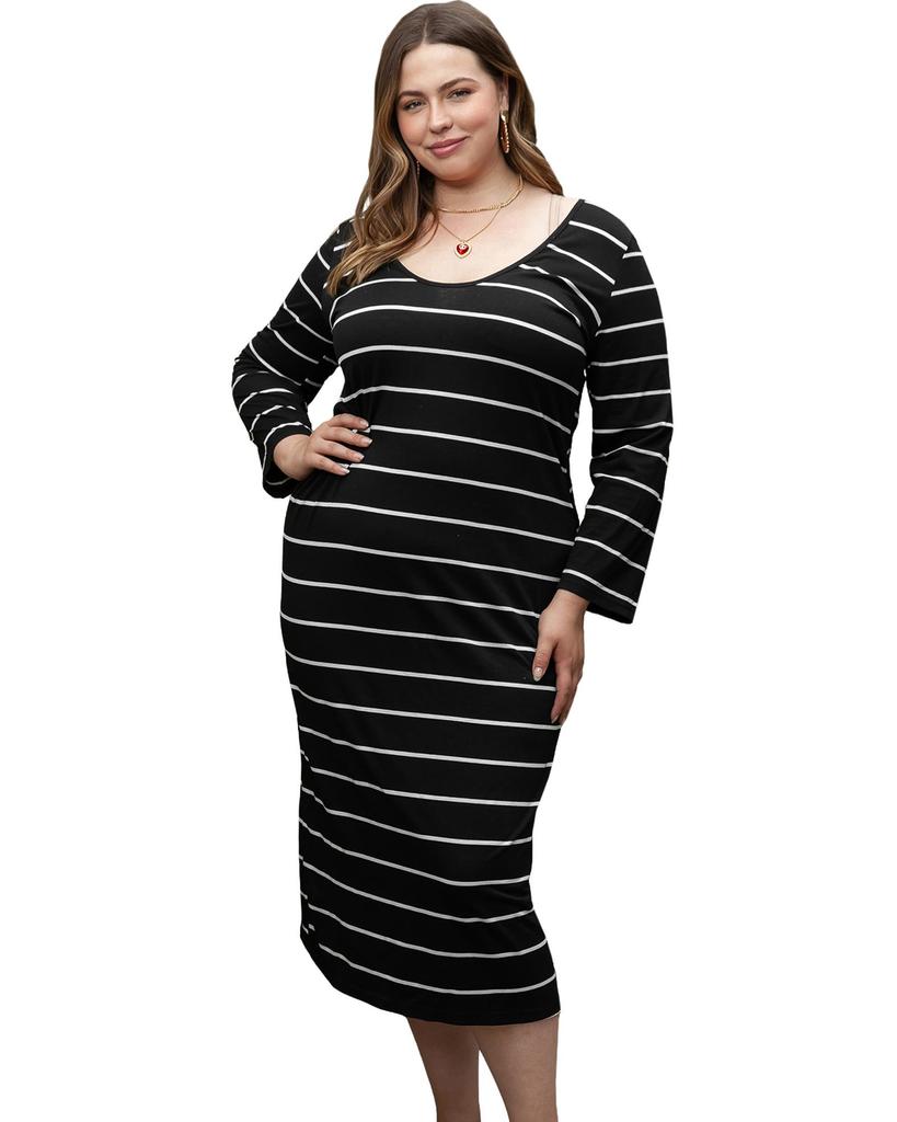 Azura Exchange Black Plus Size Striped Loose Long Shift Dress