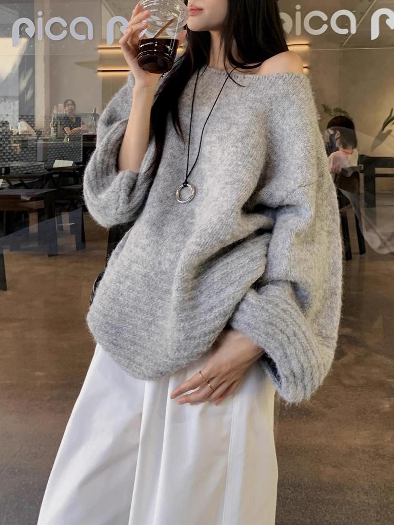 Женский корейский свитер с открытыми плечами и рукавами-фонариками - Мягкий, эластичный трикотаж, свободный крой, стройнящий, больших размеров, коллекция осень/зима