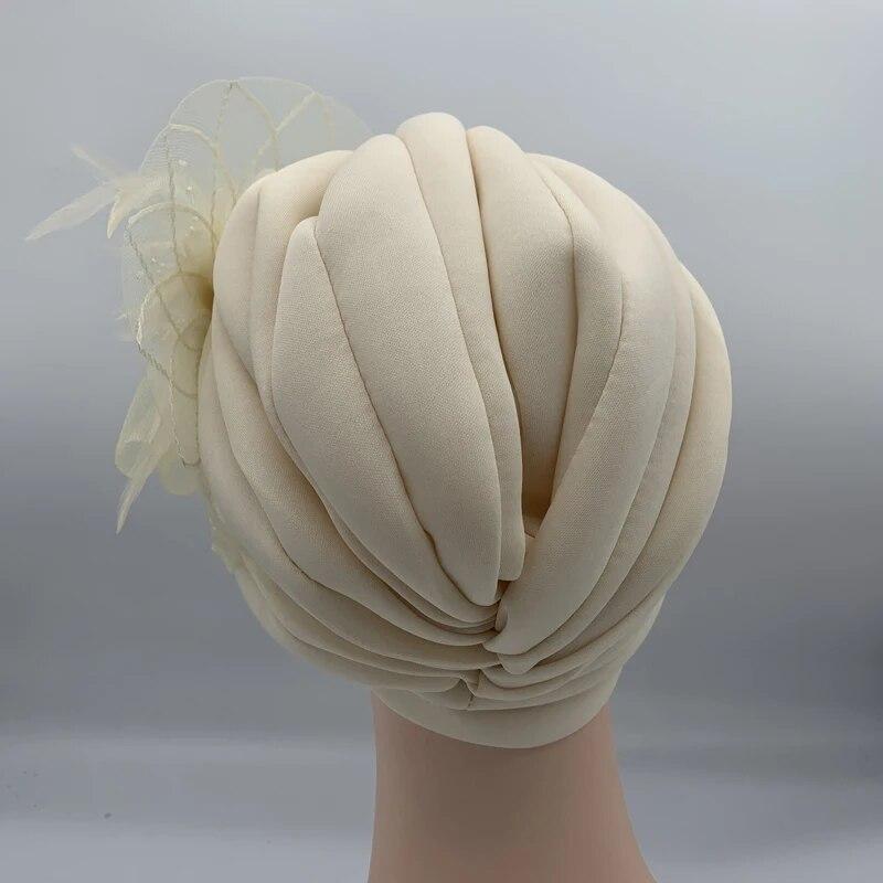 Feather Flower Ruffle Turban Caps for Women