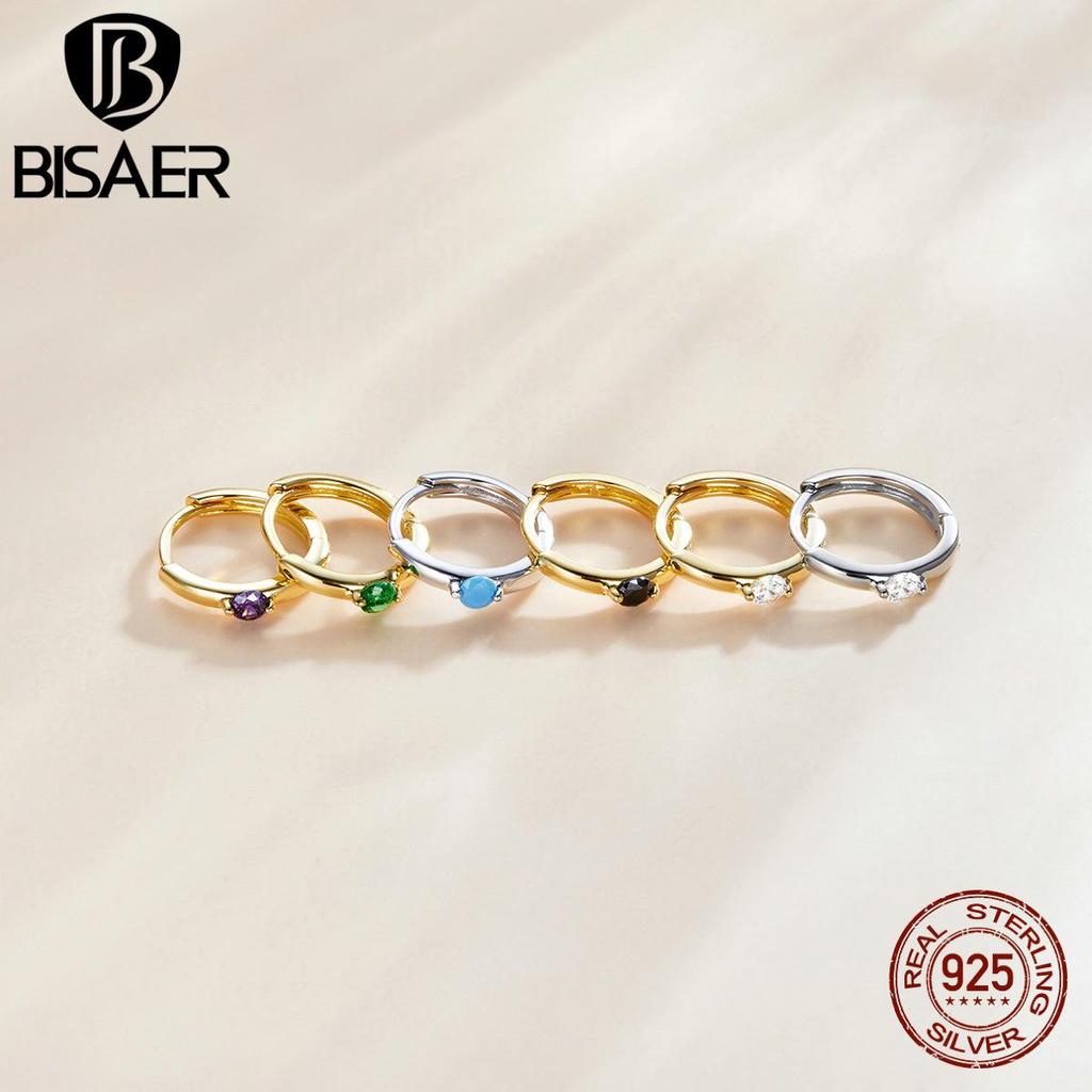 Bisaer 925 Sterling Silver Hypoallergenic Earrings Colorful Cubic Zirconia Women Ear Buckles