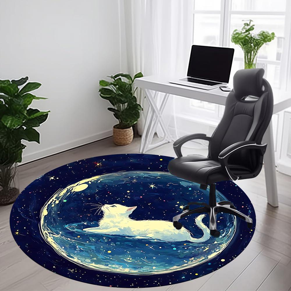 1PC Cosmic Cat Pattern Office Round Area Rug, Mat Suitable For Office, Under Office Chairs Bedroom Living Room Home Decor, Room Deco