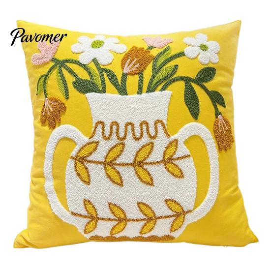 Embroidered Cushion Cases for Sofa Farmhouse Floral Cover, 3D Flower Embroidery Throw Pillow Decorative Square Bedroom Case Living Room Couch Bedroom,