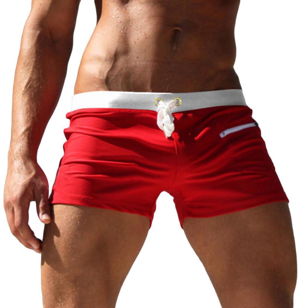 Men's Solid-Color Swimming Trunks With Drawstring Pockets Slim Beach Shorts And Swimwear