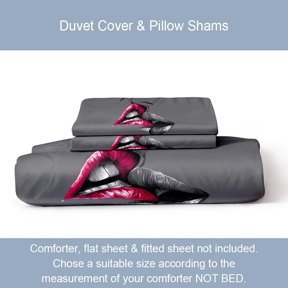 3pcs Couple Bedding Kiss Sketch Crimson Lips Kissing Guest Room Duvet Cover Set (1pc* Duvet Cover + 2pcs Pillowcase)