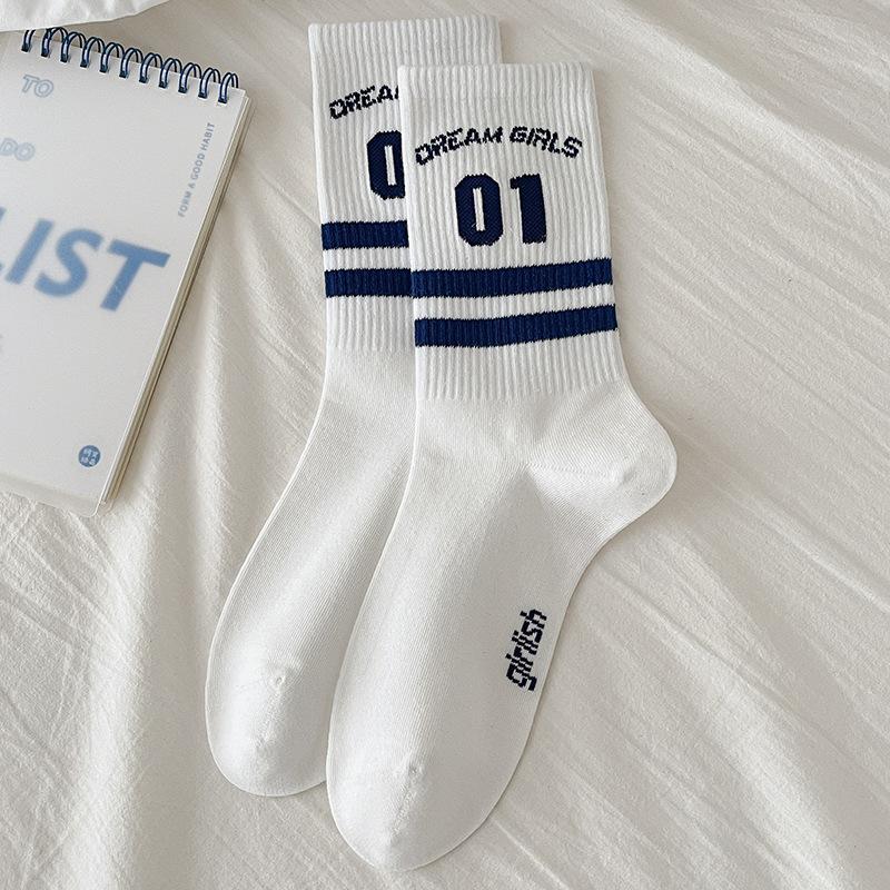 Женские спортивные носки до середины икры для осени и зимы, полосатые с надписями, антибактериальные, бесшовные, женские длинные хлопковые носки