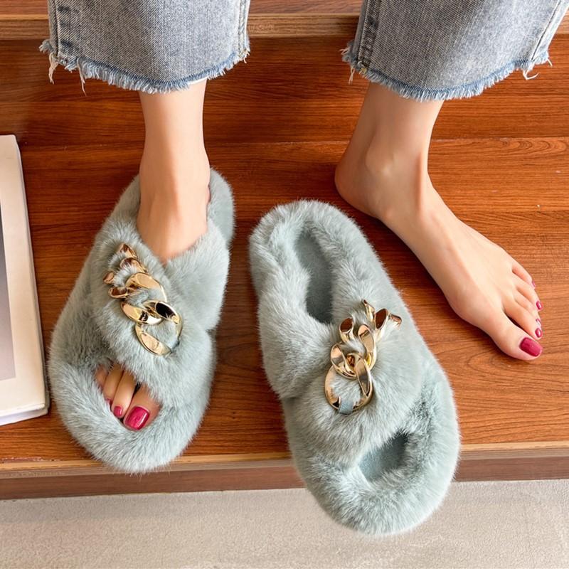 Popular Mao Mao Slippers Women's Outer Wear Chain Thick Bottom Increases Height Spring and Summer Fashion Going Out Plush Cross Autumn and Winter