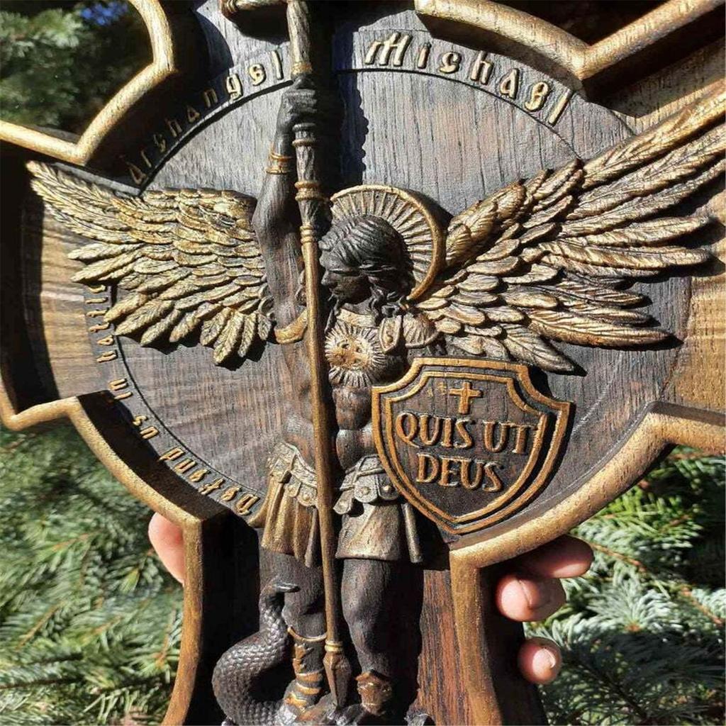 Folulus Archangel Michael Natural Wood Carved Religious  Wooden Gift For H